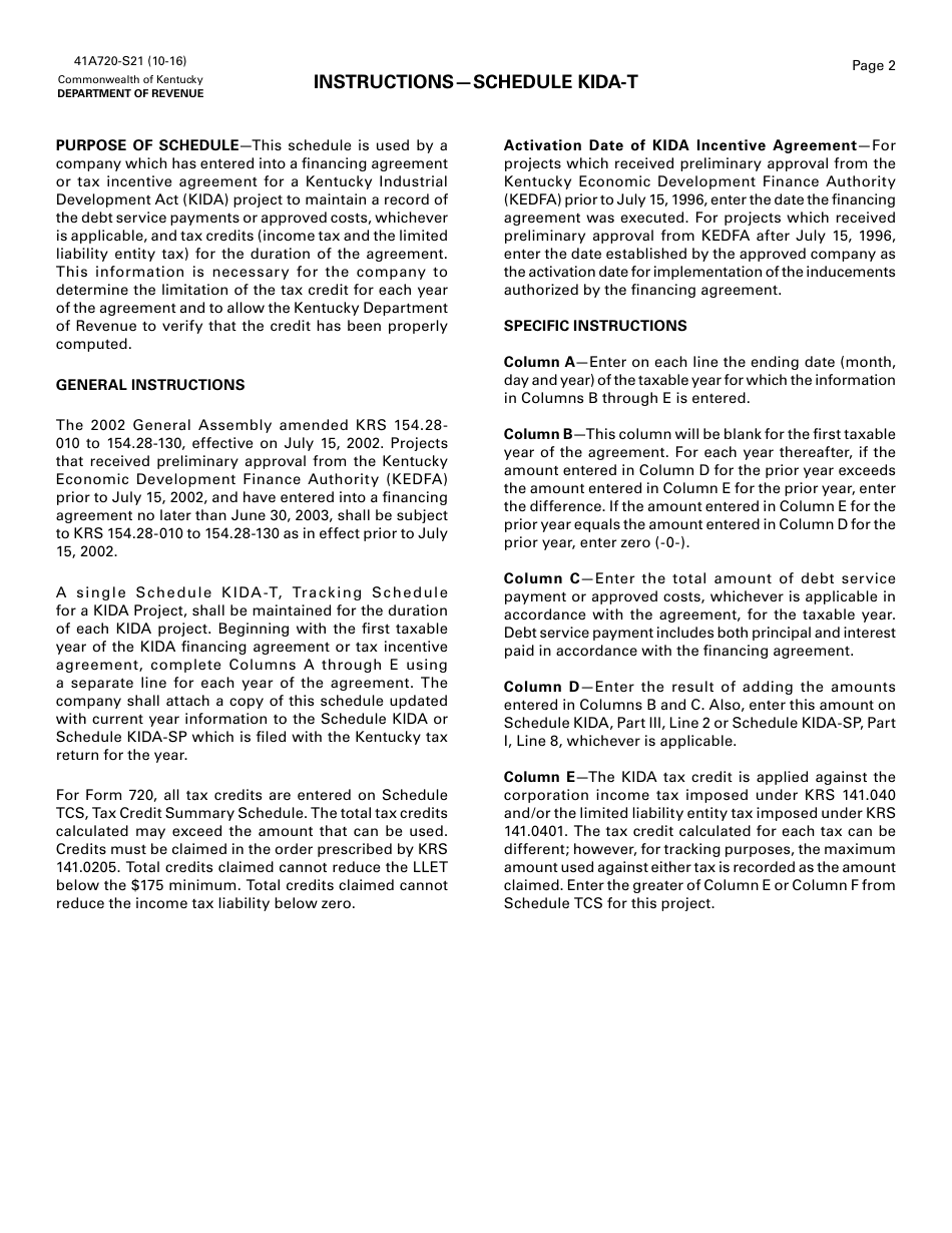 Form 41A720-S21 Schedule KIDA-T Tracking Schedule for a Kida Project - Kentucky, Page 2