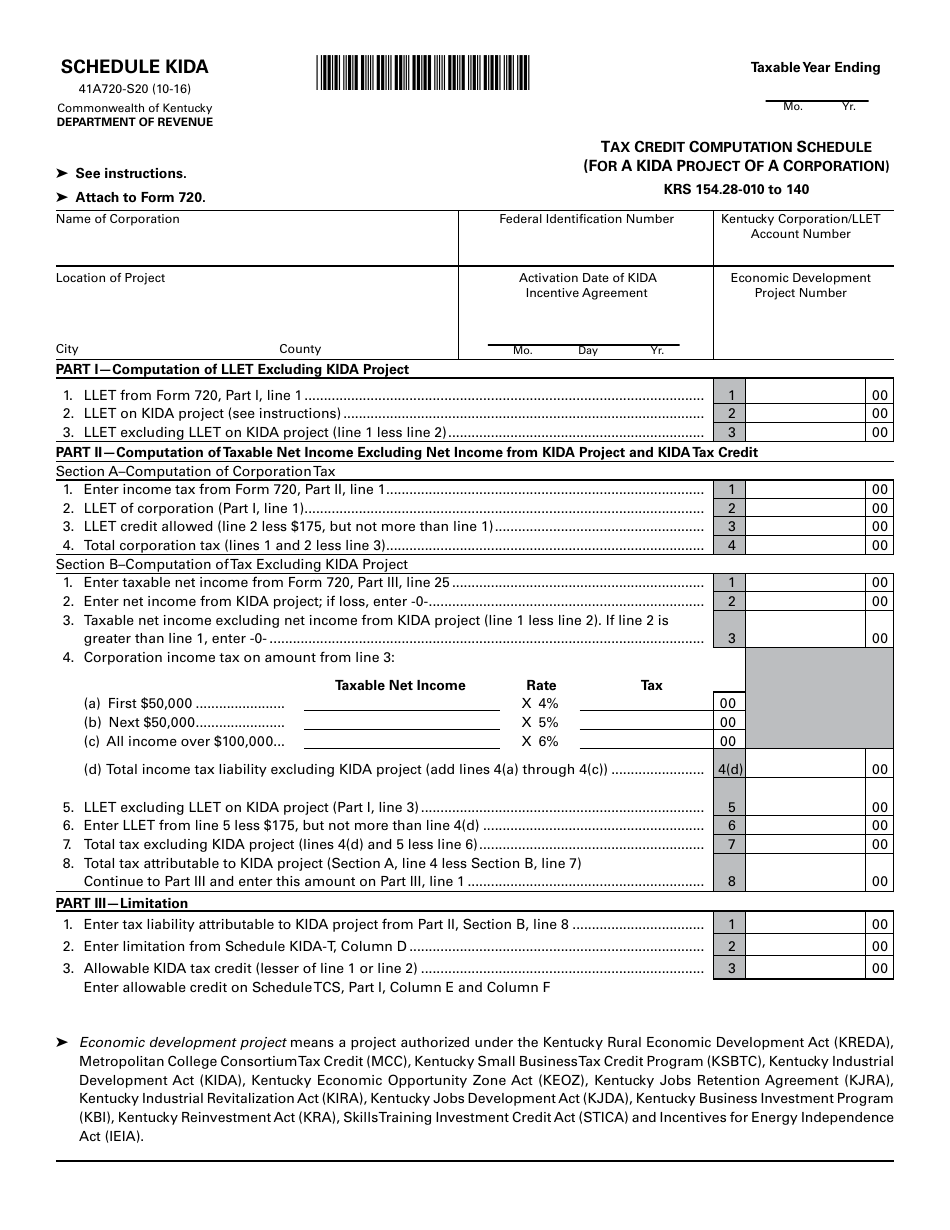 Form 41A720-S20 Schedule KIDA - Fill Out, Sign Online and Download ...