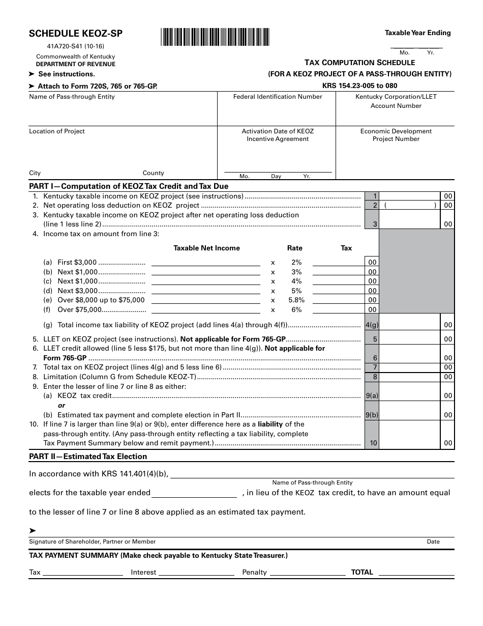 Form 41A720-S41 Schedule KEOZ-SP Tax Computation Schedule (For a Keoz Project of a Pass-Through Entity) - Kentucky, Page 1