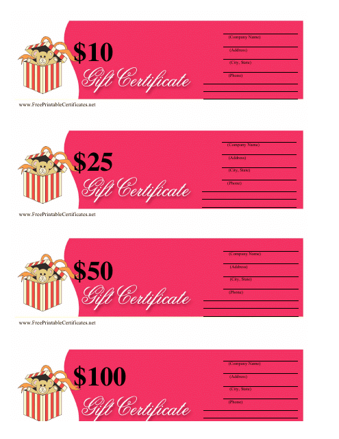 10, 25, 50 & 100 Dollar Gift Certificate Templates - Pink Download Pdf