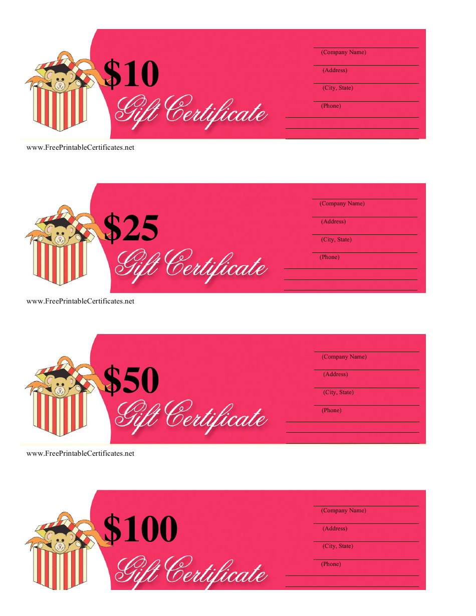 10, 25, 50  100 Dollar Gift Certificate Templates - Pink, Page 1