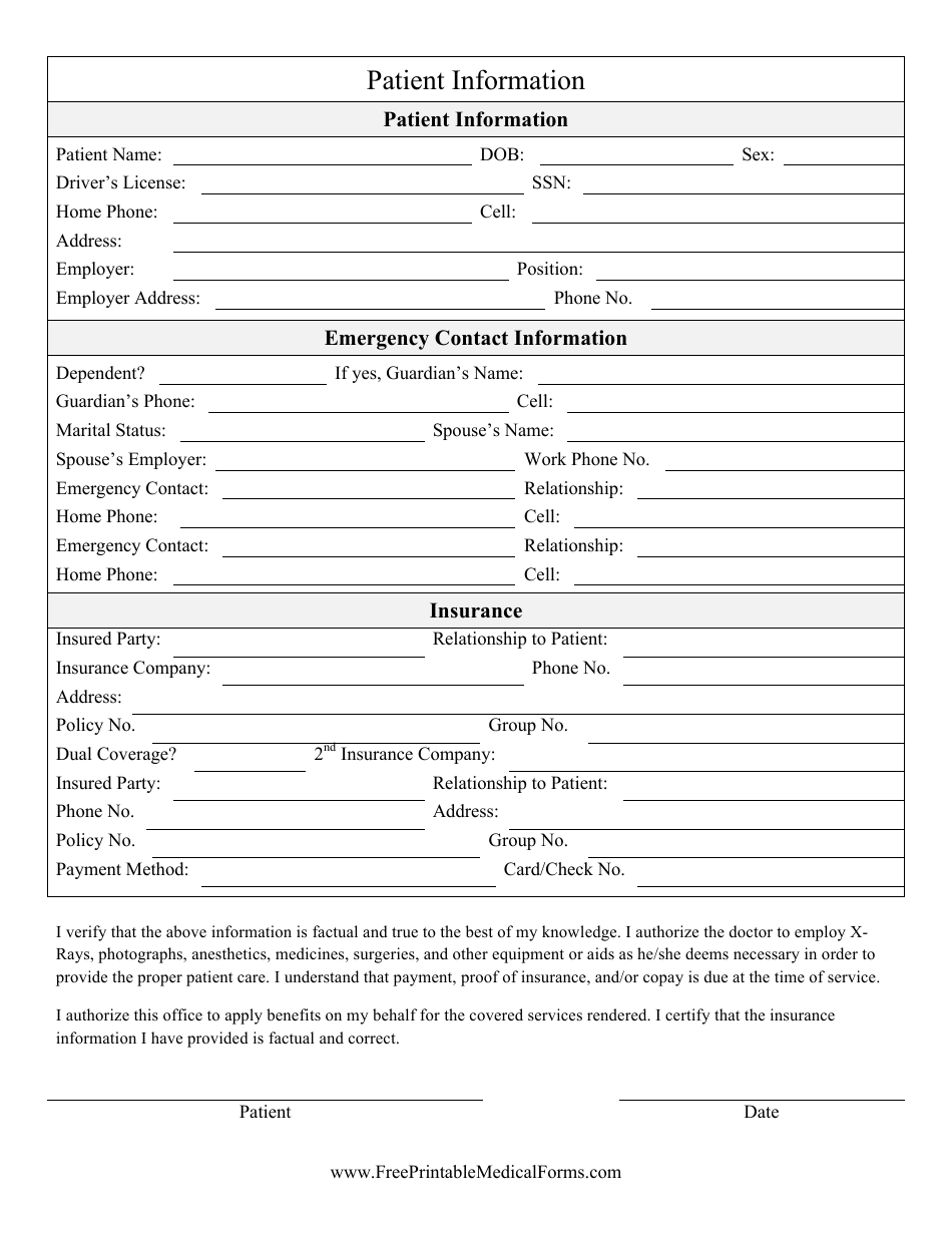 Free Printable Patient Information Sheet
