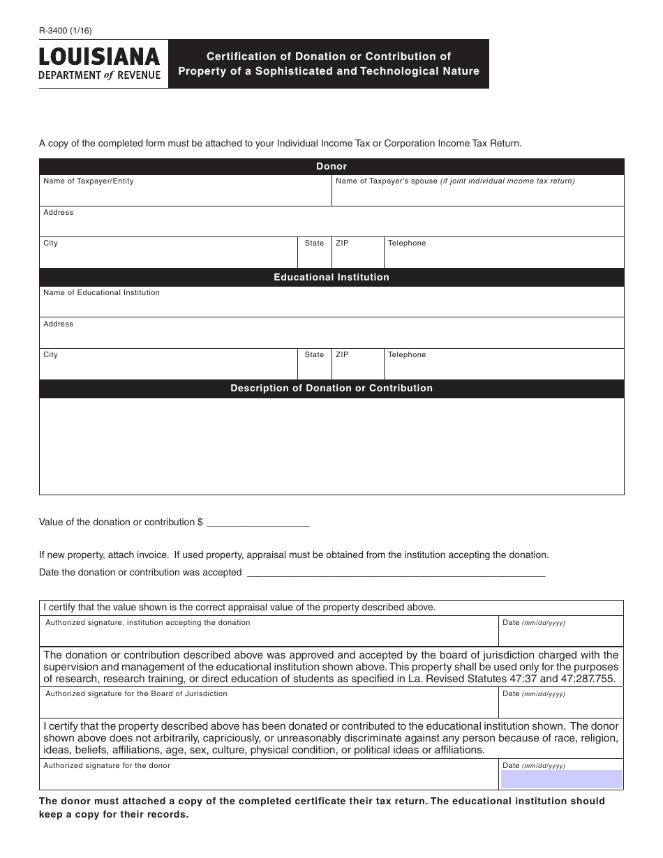 Form R-3400 Certification of Donation or Contribution of Property of a Sophisticated and Technological Nature - Louisiana, Page 1