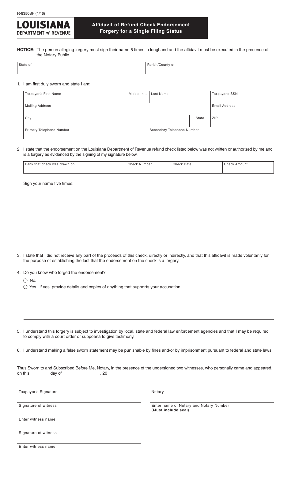 Form R-8350SF Affidavit of Refund Check Endorsement Forgery for a Single Filing Status - Louisiana, Page 1