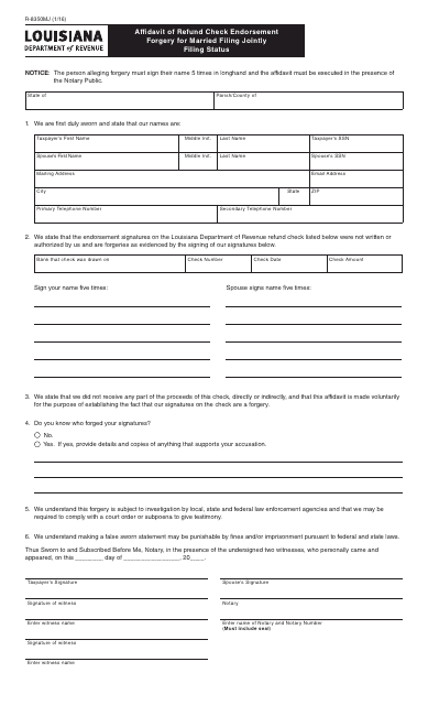 Form R-8350MJ Affidavit of Refund Check Endorsement Forgery for Married Filing Jointly Filing Status - Louisiana