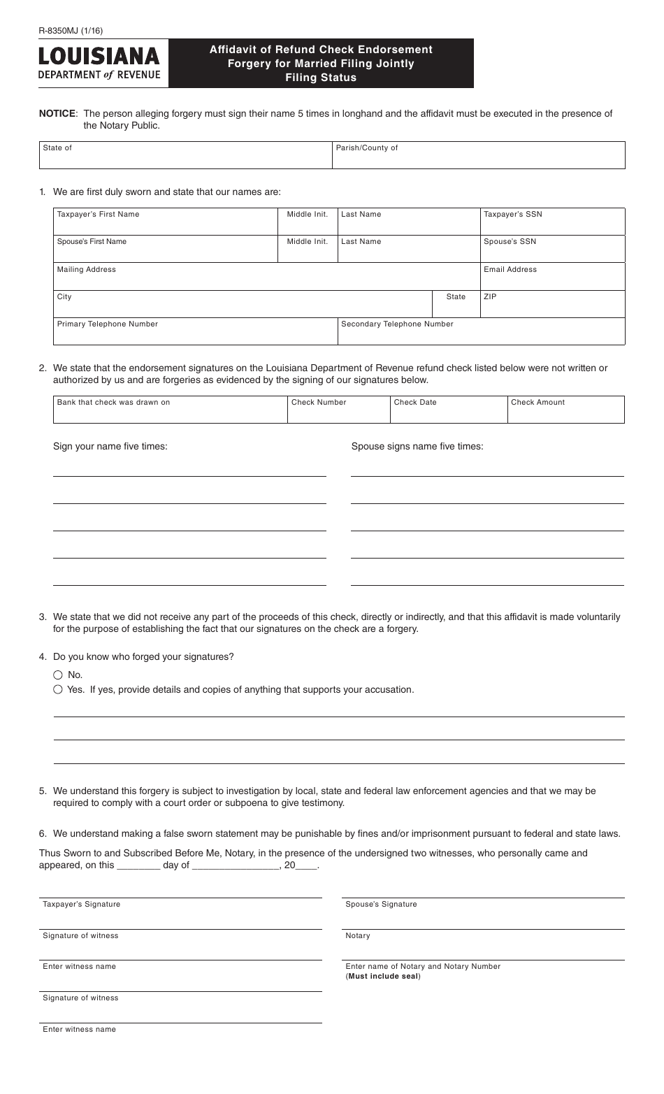 Form R-8350MJ Affidavit of Refund Check Endorsement Forgery for Married Filing Jointly Filing Status - Louisiana, Page 1