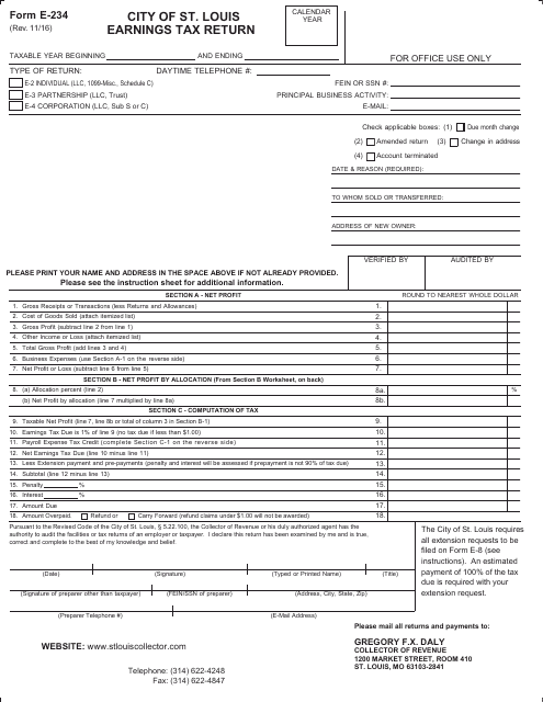 Form E-234 City of St. Louis Earnings Tax Return - CITY OF ST. LOUIS, Missouri
