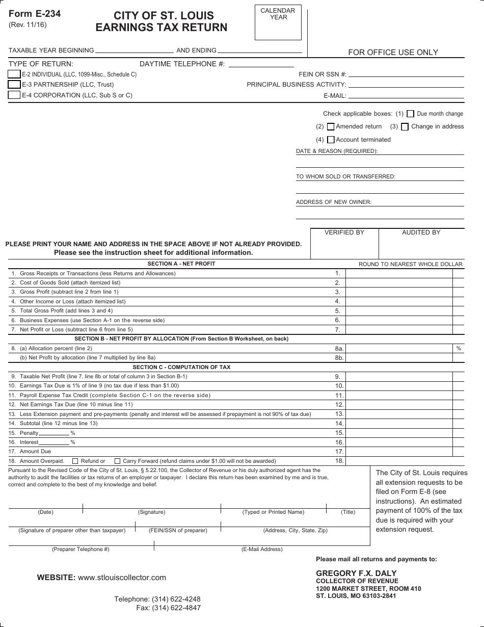 Form E-234 City of St. Louis Earnings Tax Return - CITY OF ST. LOUIS, Missouri, Page 1