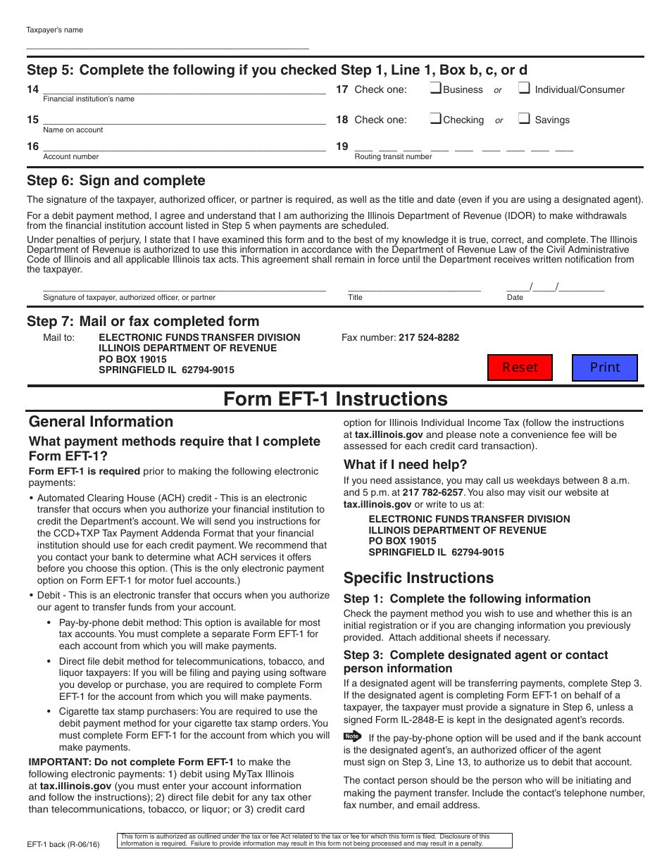 Form EFT-1 Authorization Agreement for Certain Electronic Payments - Illinois, Page 2