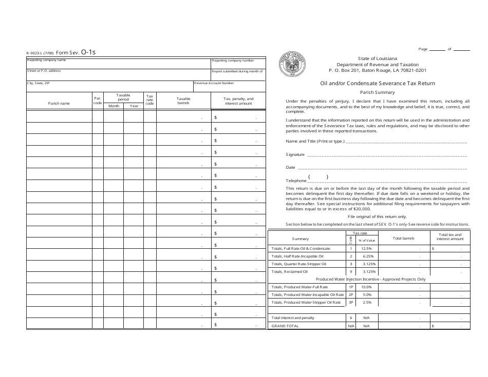 Form R-9023-L (SEV. O-1S) Oil and / or Condensate Severance Tax Return - Louisiana, Page 1
