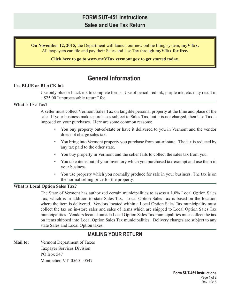 Download Instructions For Vt Form Sut 451 Sales And Use Tax Return Pdf Download Instructions For Vt Form Sut 451 Sales And Use Tax Return Pdf