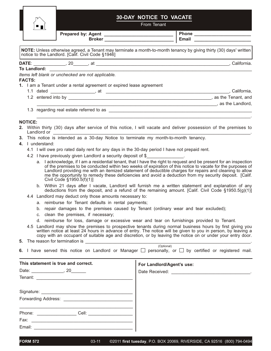 California 30 day Notice To Vacate From Tenant Download Fillable PDF 