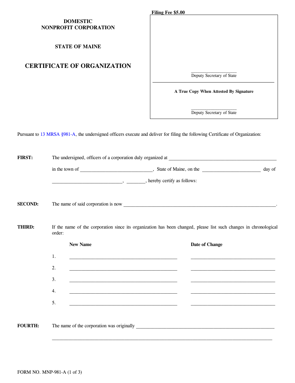 Form MNP-981-A Certificate of Organization - Maine, Page 1