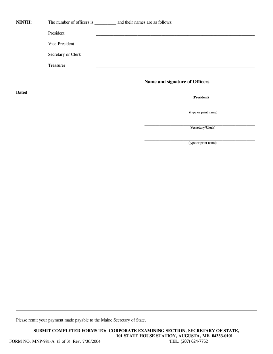 Form MNP-981-A Certificate of Organization - Maine, Page 3