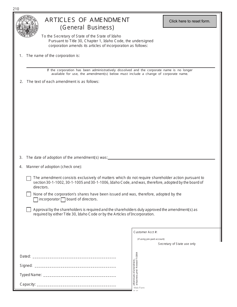 Form 210 Articles of Amendment (General Business) - Idaho, Page 1