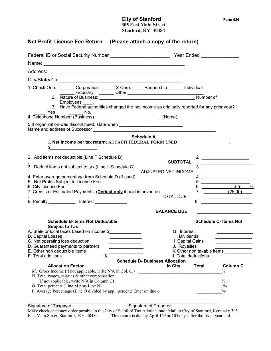 Form 520 Net Profit License Fee Return - City of Stanford, Kentucky, Page 1