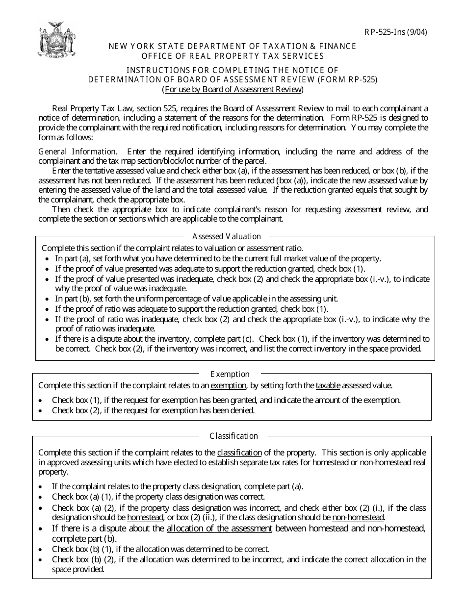 Download Instructions for Form RP-525 Notice of Determination of Board ...