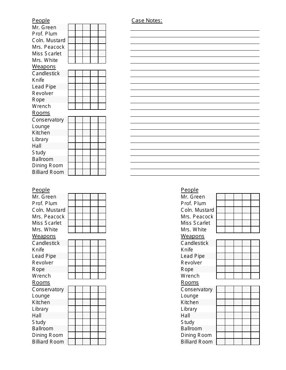 Printable Clue Game Cards