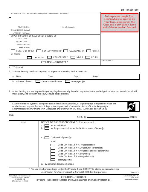 Form DE-122 (GC-322) Citation - Probate - California