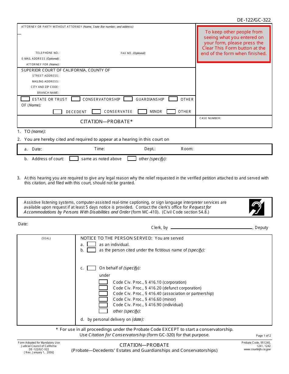 Form DE-122 (GC-322) Citation - Probate - California, Page 1
