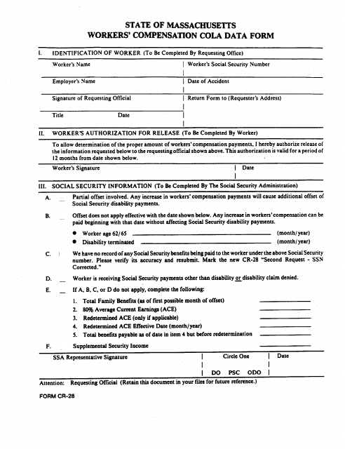 Form CR-28 Workers' Compensation Cola Data Form - Massachusetts