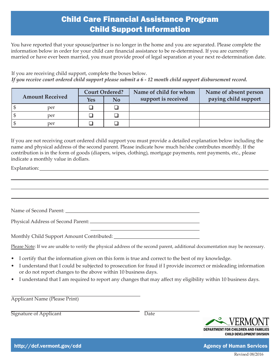 Child Care Financial Assistance Program Child Support Information - Vermont, Page 1