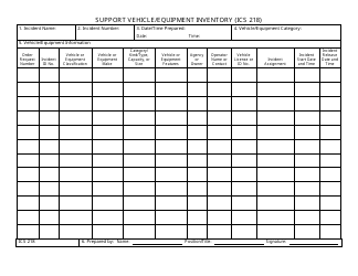 ICS Form 218 Support Vehicle/Equipment Inventory