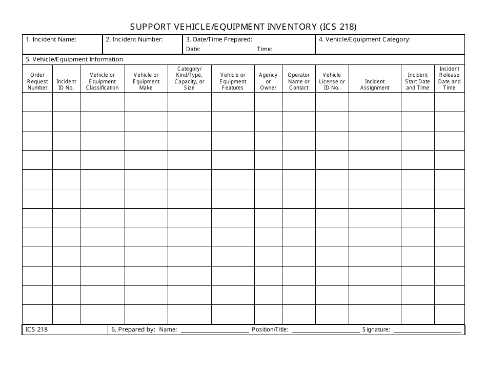 ICS Form 218 Support Vehicle / Equipment Inventory, Page 1