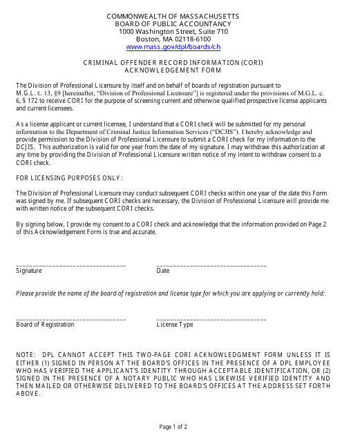 Criminal Offender Record Information (Cori) Acknowledgement Form - Massachusetts Download Pdf