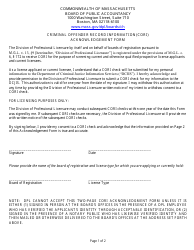 Criminal Offender Record Information (Cori) Acknowledgement Form - Massachusetts