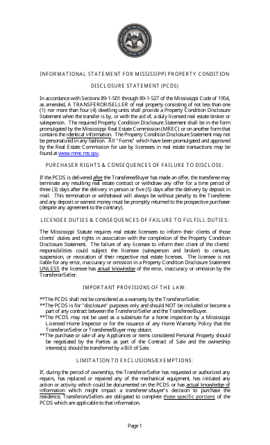 Informational Statement for Mississippi Property Condition Disclosure Statement (Pcds) - Mississippi Download Pdf