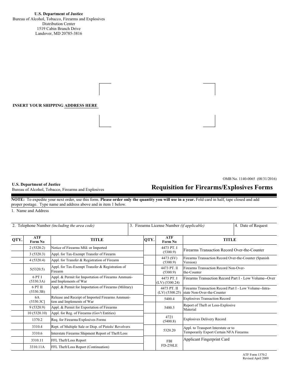 ATF Form 1370.2 Requisition for Firearms / Explosives Forms - U.S. Department of Justice, Page 1