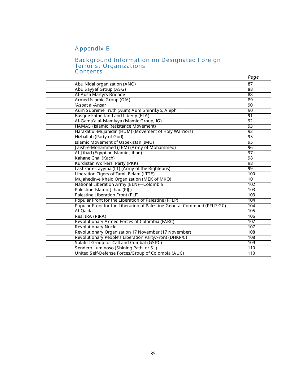 Appendix B Background Information on Designated Foreign Terrorist Organizations, Page 1