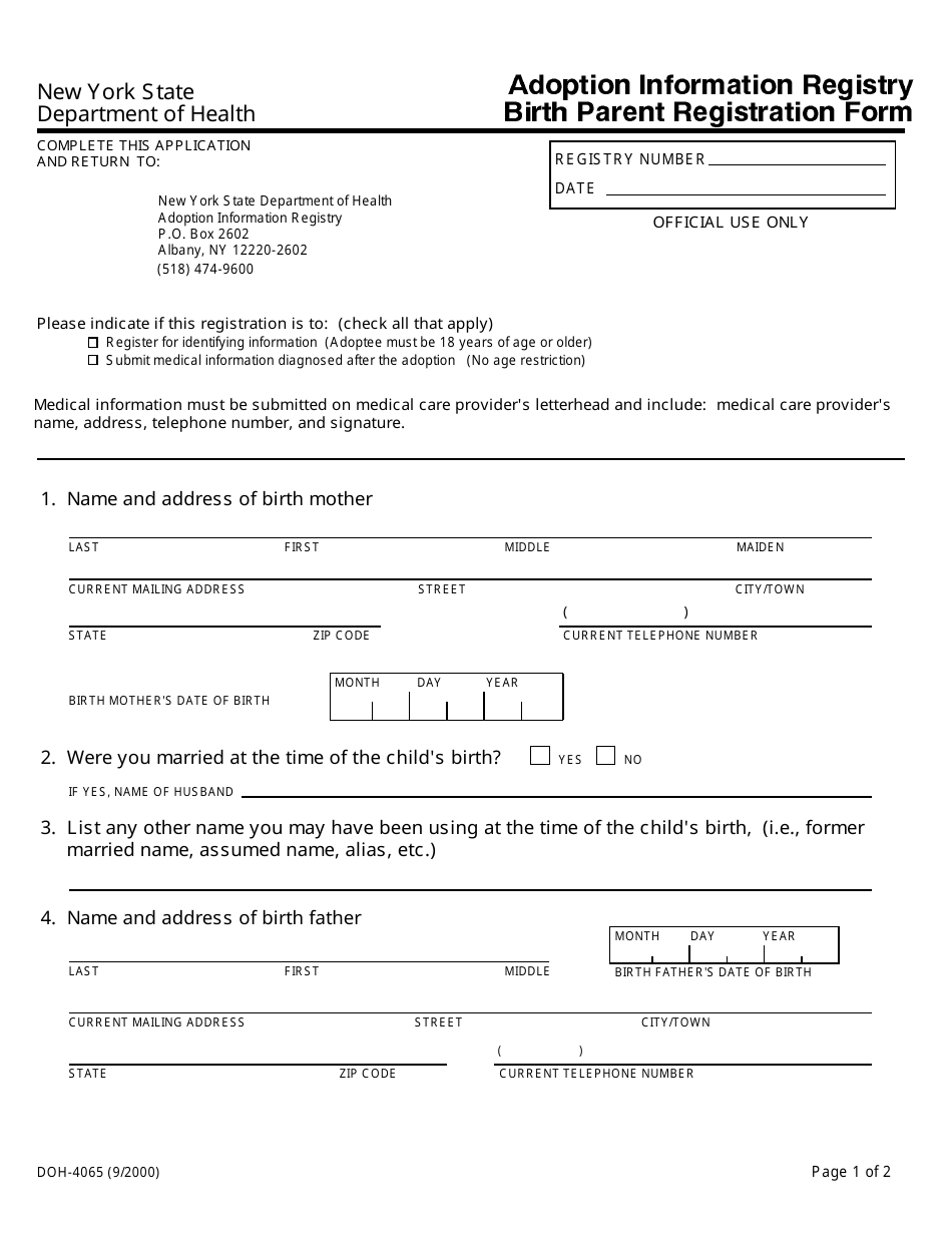 Form DOH-4065 Adoption Information Registry Birth Parent Registration Form - New York, Page 1