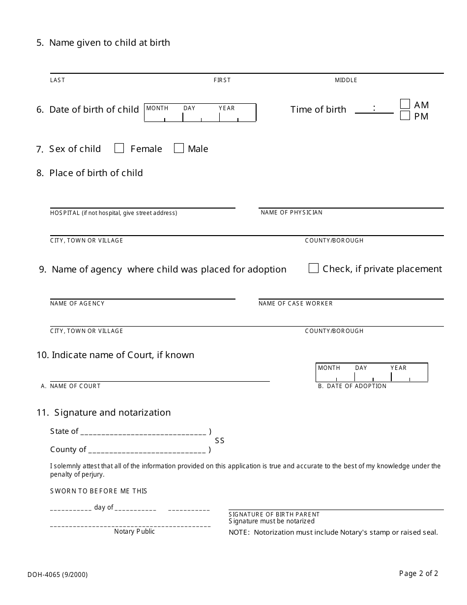 Form DOH-4065 Adoption Information Registry Birth Parent Registration Form - New York, Page 2