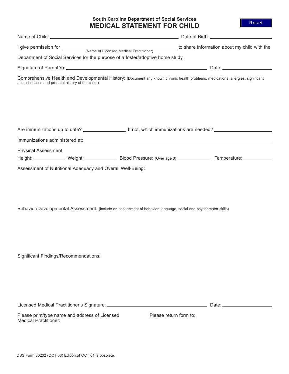 DSS Form 30202 Medical Statement for Child - South Carolina, Page 1