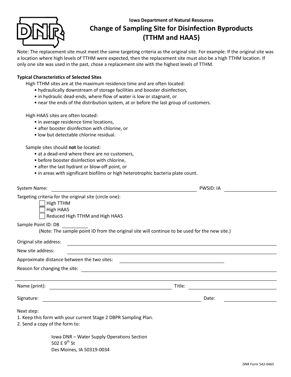 DNR Form 542-0465 Change of Sampling Site for Disinfection Byproducts (Tthm and Haa5) - Iowa, Page 1