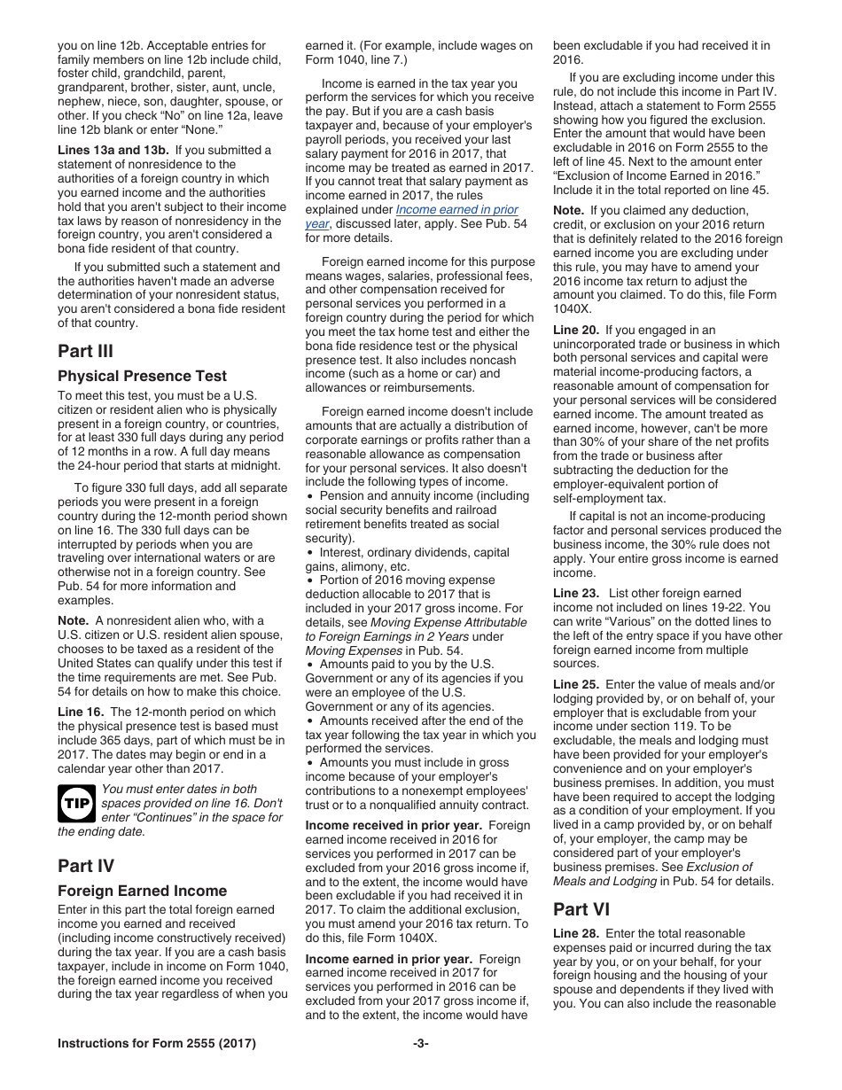 Instructions for IRS Form 2555 Foreign Earned Income, Page 3