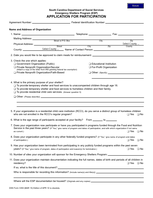 DSS Form 3359 Emergency Shelters Program (Esp) Application for Participation - South Carolina
