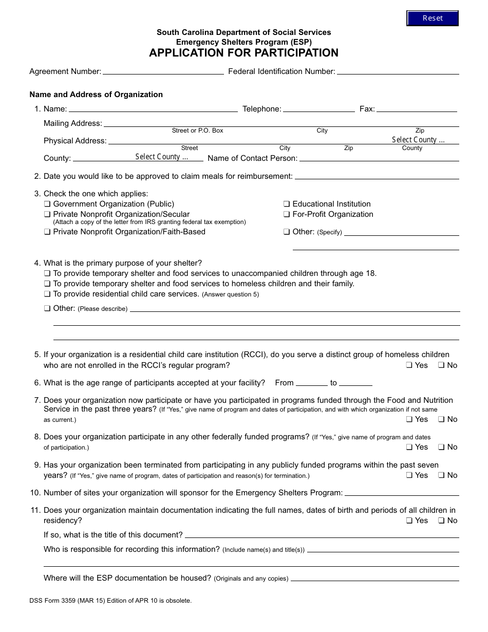 DSS Form 3359 Emergency Shelters Program (Esp) Application for Participation - South Carolina, Page 1