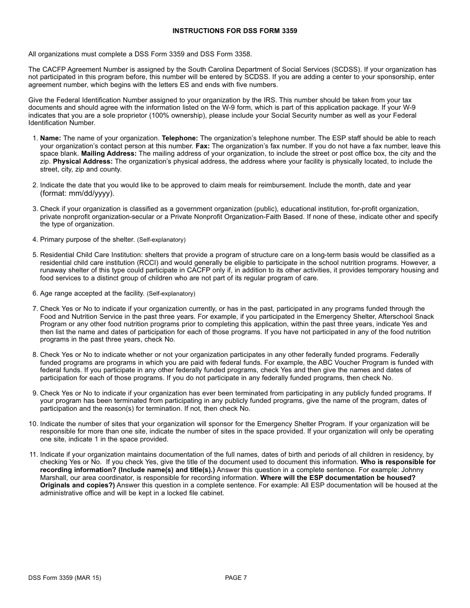 DSS Form 3359 Emergency Shelters Program (Esp) Application for Participation - South Carolina, Page 7