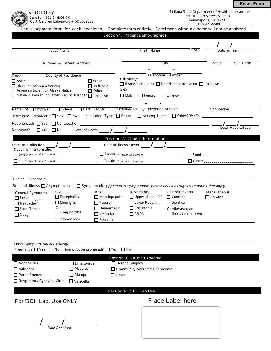 State Form 35212 Virology - Indiana, Page 1