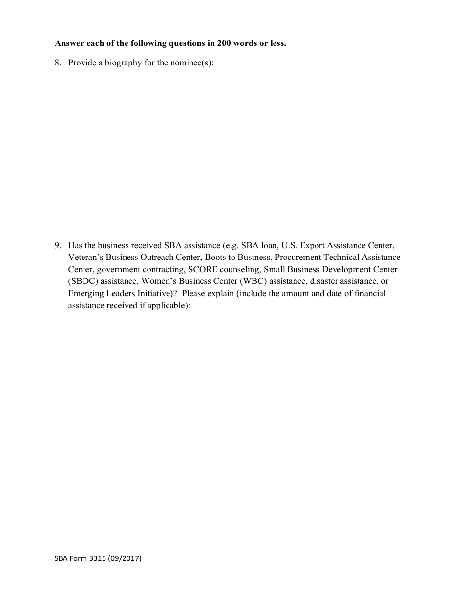 SBA Form 3315 Nomination Form for District Office Awards, Page 3