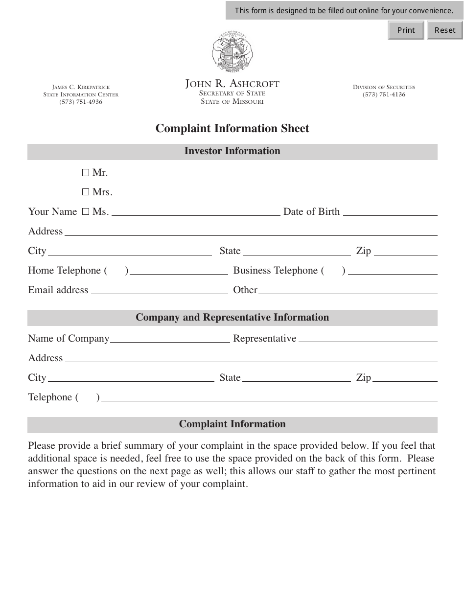 Complaint Information Sheet - Missouri, Page 1