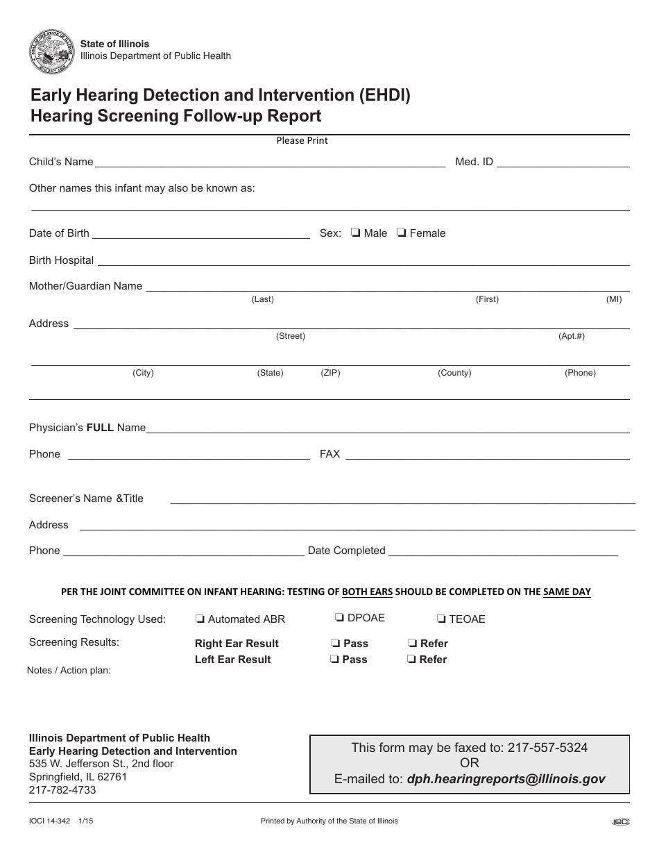 Form IOCI14-342 Early Hearing Detection and Intervention (Ehdi) Hearing Screening Follow-Up Report - Illinois, Page 1