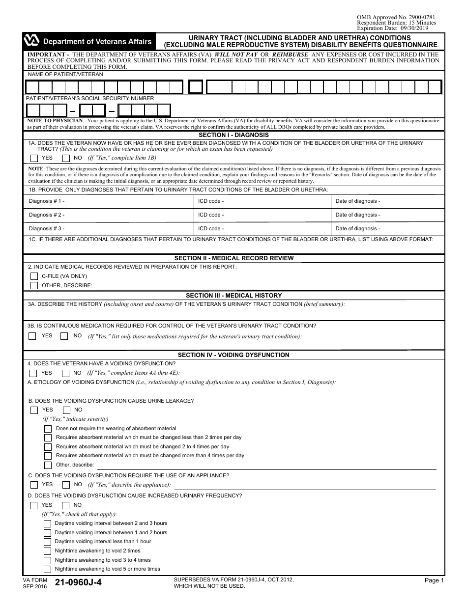 VA Form 21-0960J-4 Urinary Tract (Including Bladder and Urethra) Conditions (Excluding Male Reproductive System) Disability Benefits Questionnaire, Page 1