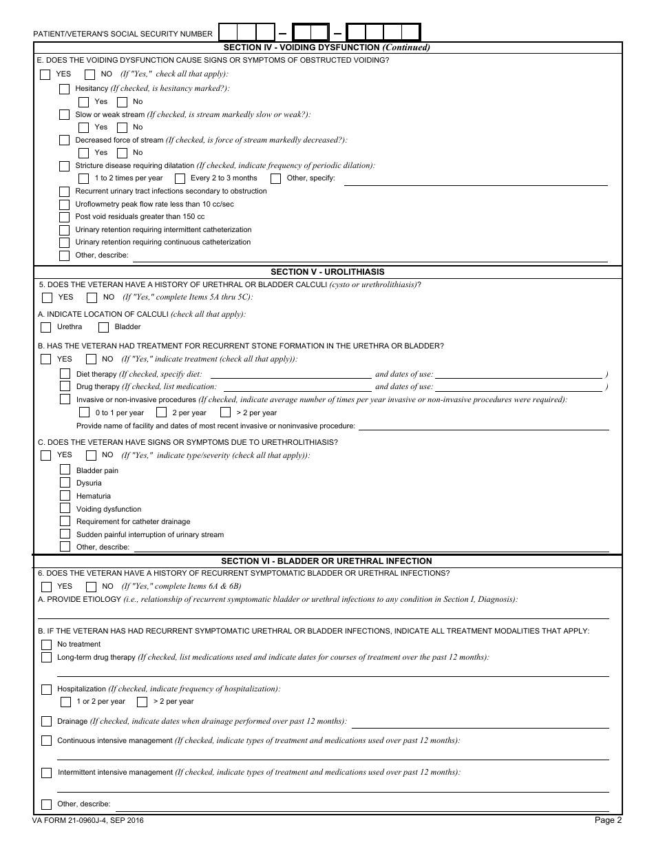 VA Form 21-0960J-4 Urinary Tract (Including Bladder and Urethra) Conditions (Excluding Male Reproductive System) Disability Benefits Questionnaire, Page 2