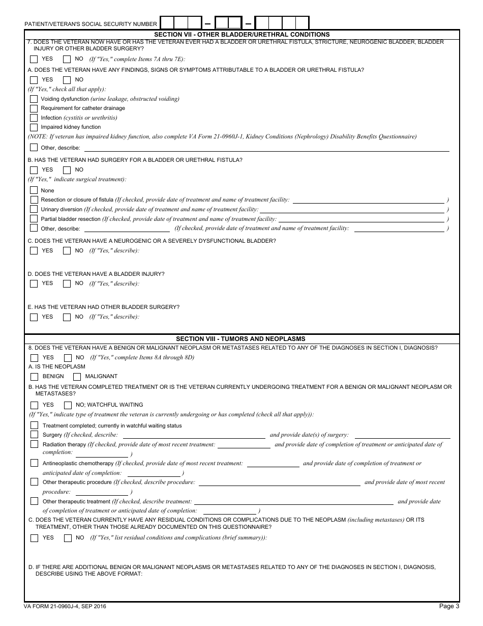 VA Form 21-0960J-4 Urinary Tract (Including Bladder and Urethra) Conditions (Excluding Male Reproductive System) Disability Benefits Questionnaire, Page 3