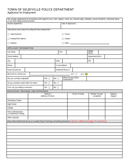 Application for Employment - Town of Selbyville, Delaware Download Pdf