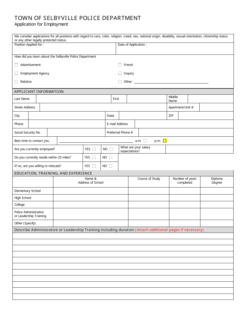 Town of Selbyville, Delaware Application for Employment - Fill Out ...